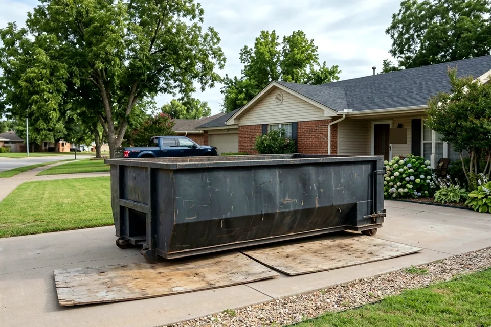 15 yard roll off dumpster in Lawton OK for carpet, pad and hardwood flooring removal