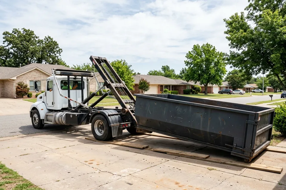 Roll off truck delivering a dumpster onto wooden driveway boards in Lawton Oklahoma