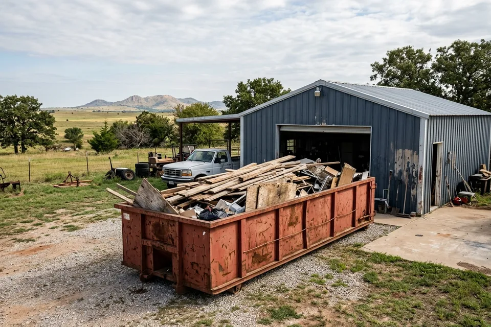 Roll off dumpster delivered to an acreage home and workshop near Cache OK