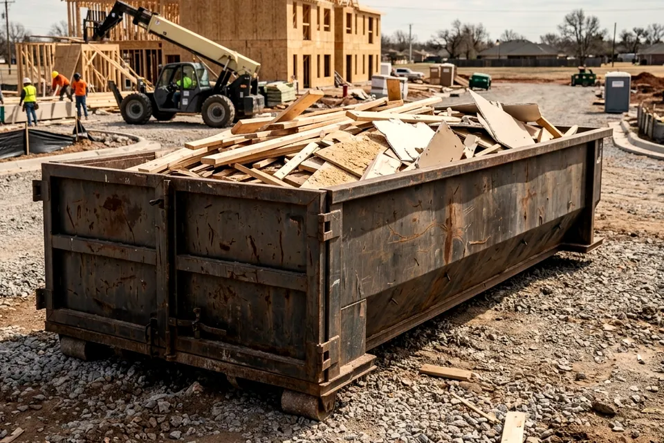 10 yard heavy debris dumpster in Lawton OK filled to the line with broken concrete