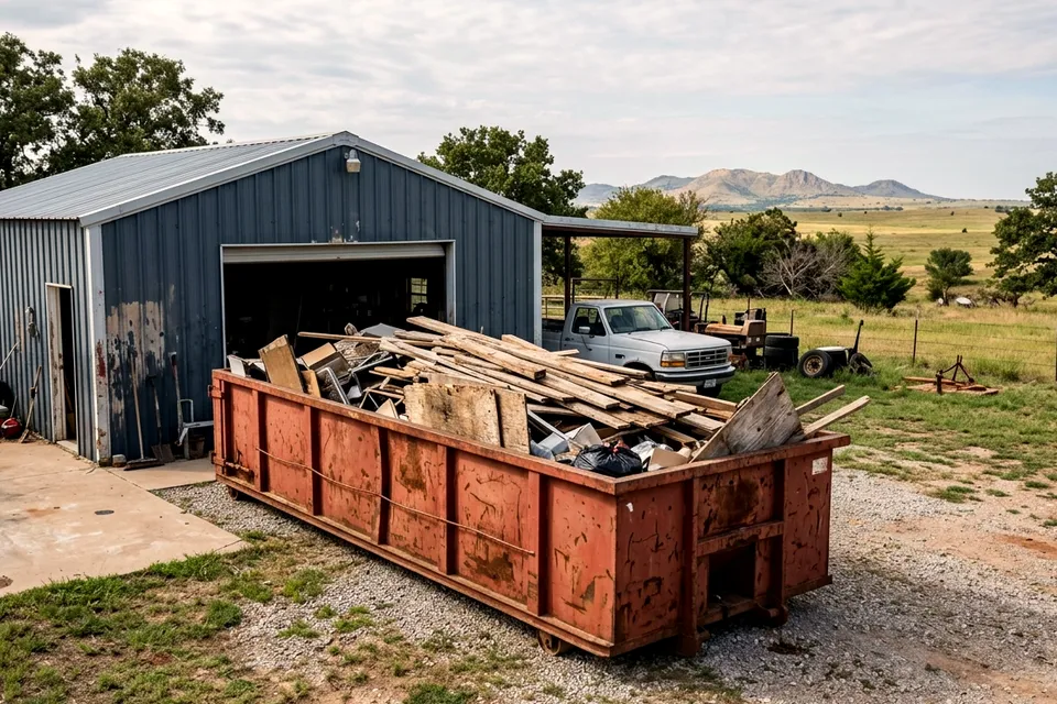 Demolition roll off dumpster in Lawton OK loaded with shed, deck and framing lumber