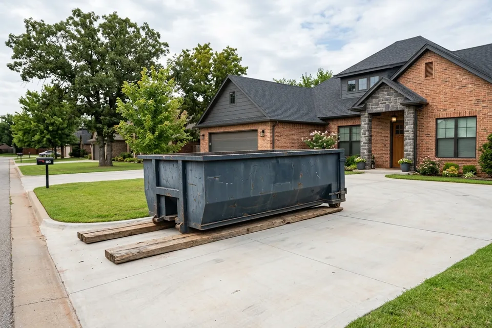 Dumpster rental in Elgin OK on wooden boards in a modern subdivision driveway