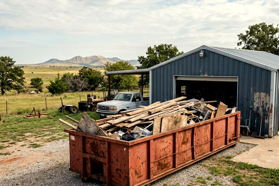 Dumpster rental in Fletcher OK parked on a firm gravel farm drive northeast of Lawton