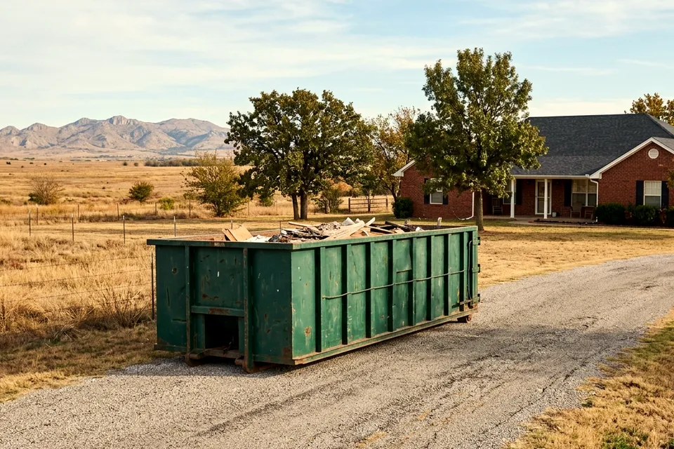 Dumpster rental in Indiahoma OK on a rural ranch property along US 62 west of Cache