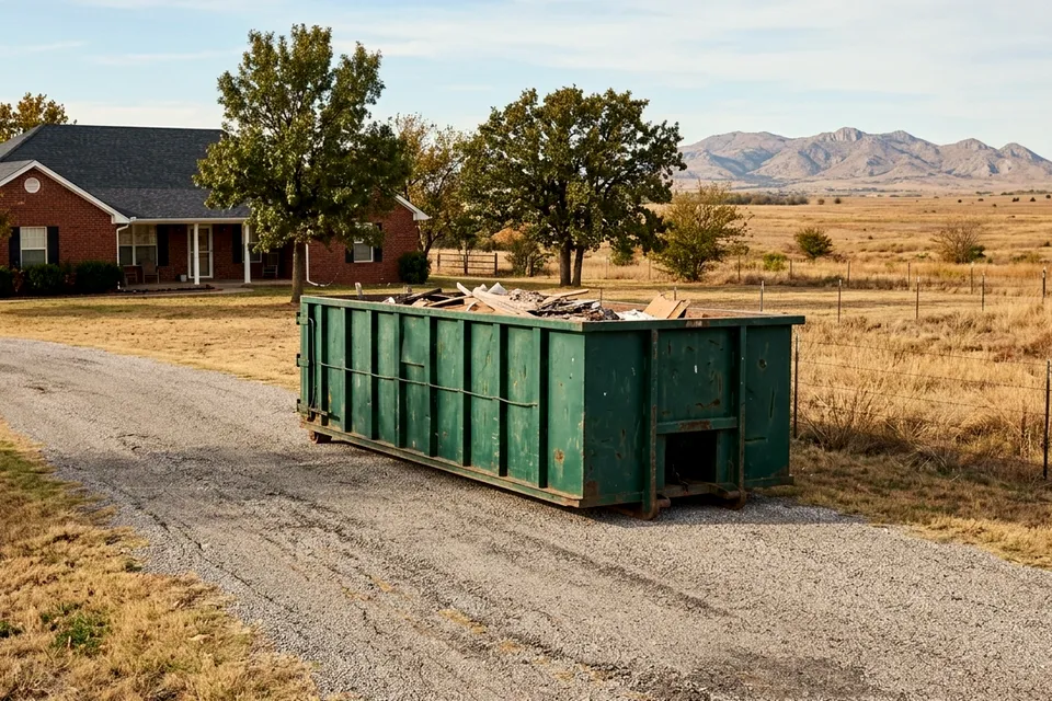 30 yard roll off dumpster beside a barn near Fletcher OK loaded with old boards and fencing