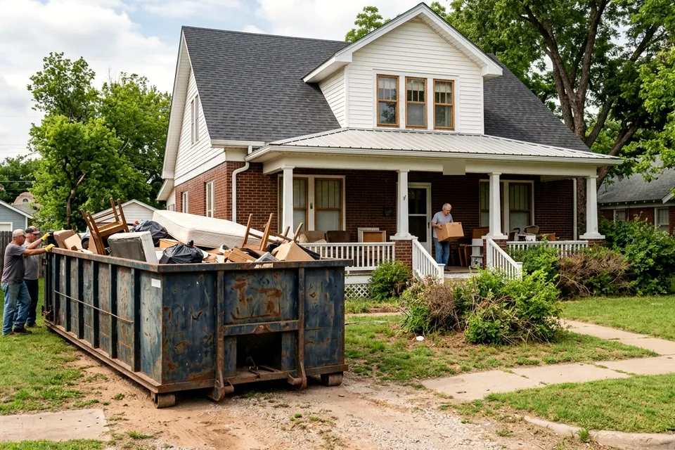 15 yard home cleanout dumpster being loaded outside a Lawton OK garage