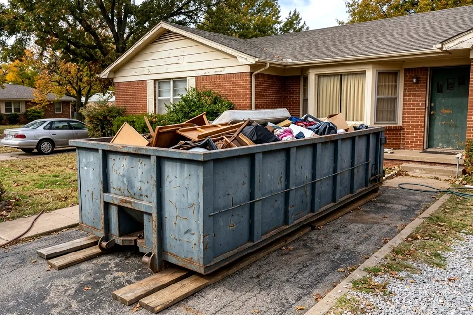 Home remodel dumpster in Lawton OK filled with old cabinets, tile and drywall