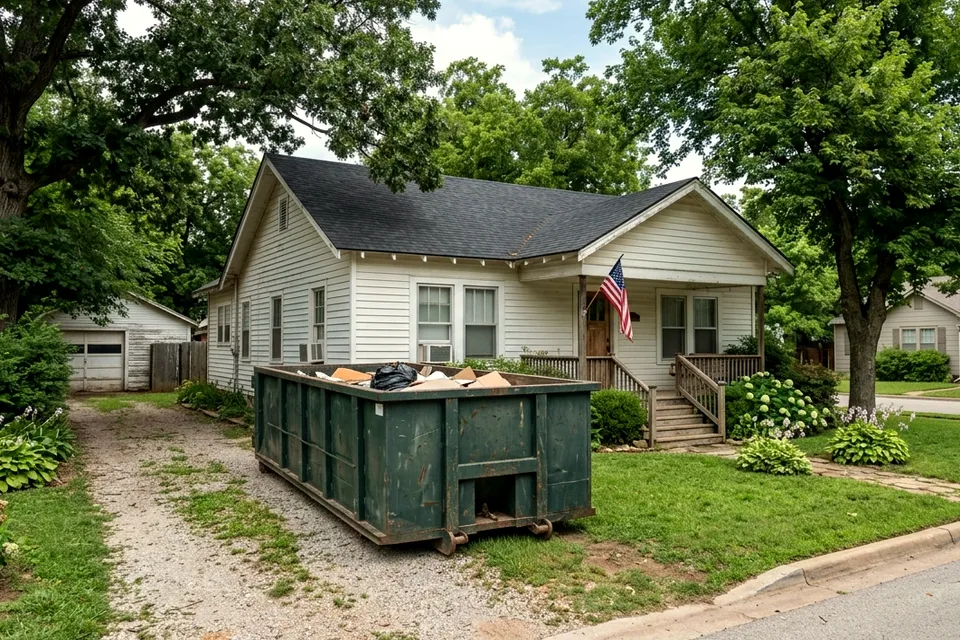 Small roll off dumpster beside a cabin remodel in Medicine Park OK