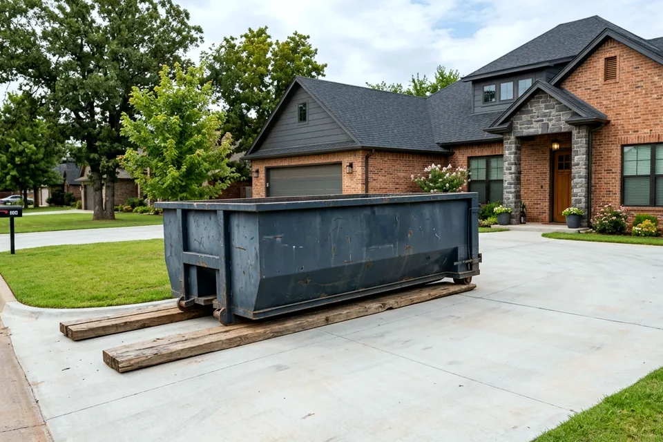 PCS move out dumpster parked on a residential driveway near Fort Sill in Lawton OK