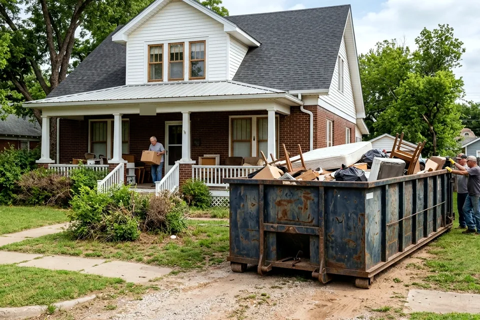 Rental property cleanout dumpster in Lawton OK outside a residential duplex turnover