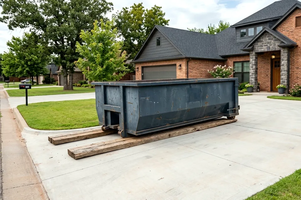 After photo of a clean swept concrete driveway in Lawton OK following roll off dumpster pickup