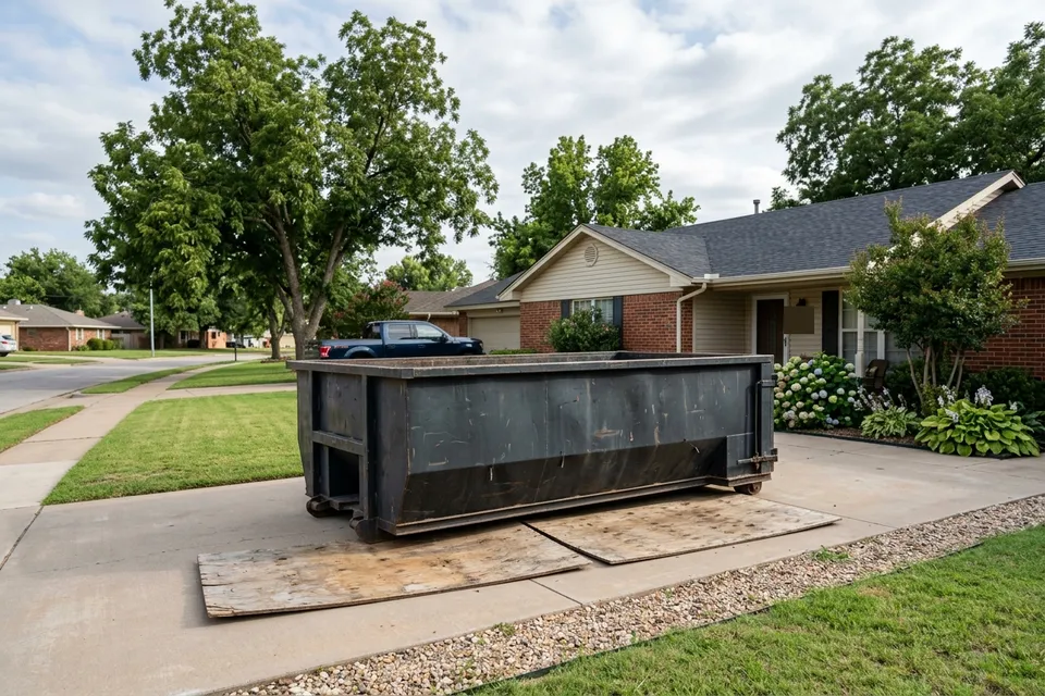 Residential roll off dumpster on wooden driveway boards in Lawton OK