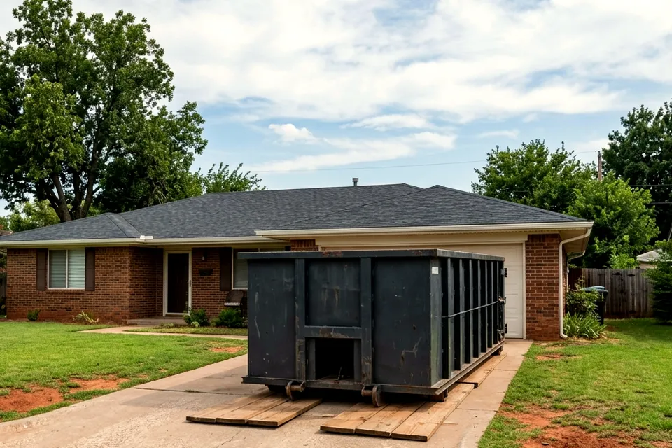 20 yard roofing dumpster in Lawton OK set beside a ranch home for shingle tear off