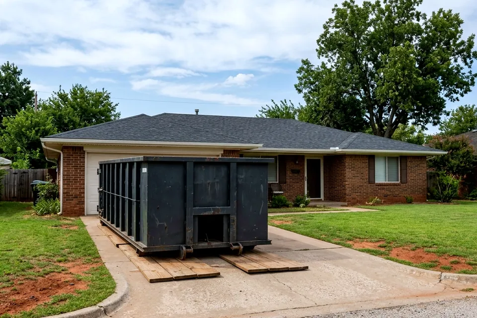 Roll off dumpster beside a house with a new roof in Sterling OK