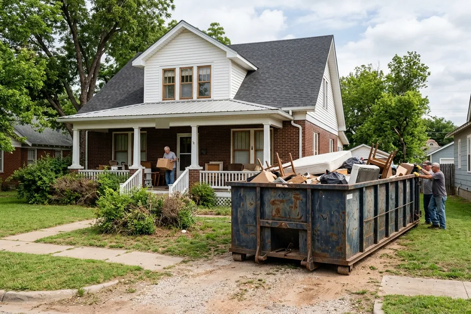 Roll off dumpster at an older home in Walters OK during a house cleanout